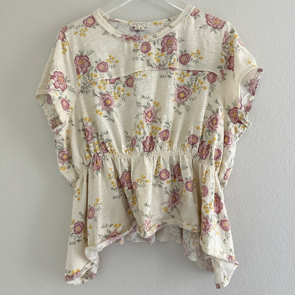 Festi Floral Peplum Top Size 1 Cream Pink Slub Cotton Smocked Waist Boho